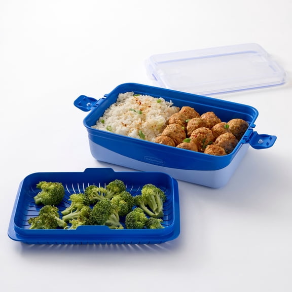 Rubbermaid Pack & Go 2.45 L Rectangle Microwaveable Container with Steamer Tray, 100% Leakproof Meal Prep Container, Dishwasher-Safe and Microwave-Safe