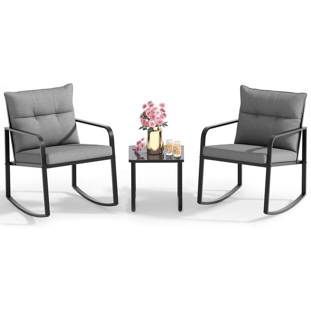 Zocalo Juego de bistró mecedor de 4 piezas, muebles de patio de acero negro, sillas de porche con mesa de centro de vidrio y cojín de respaldo, para balcón, jardín, terraza y patio,amarillo