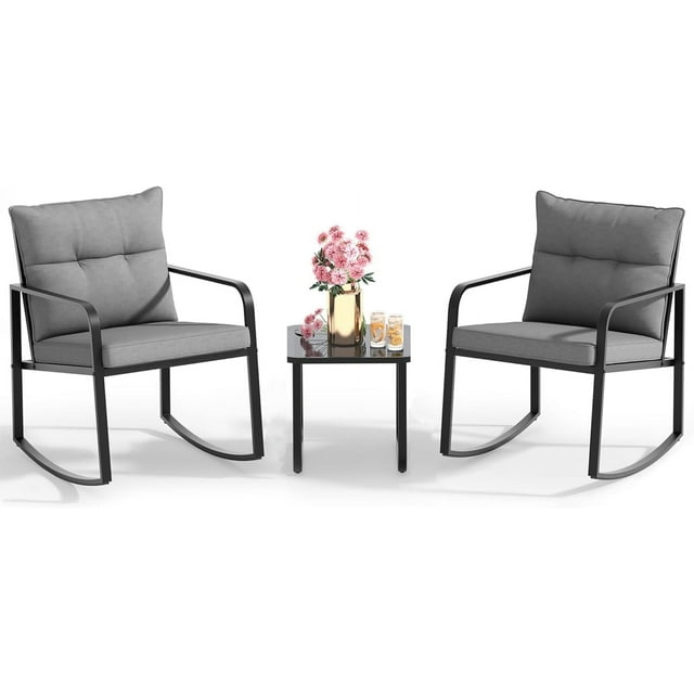 Zocalo Juego de bistró mecedor de 4 piezas, muebles de patio de acero negro, sillas de porche con mesa de centro de vidrio y cojín de respaldo, para balcón, jardín, terraza y patio,amarillo