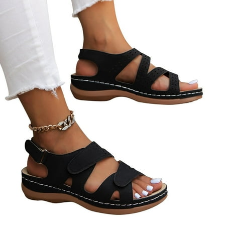 

Nrmvnmi Women s Boho Wedge Sandals Open Toe Summer Solid Color Platform Sandals Casual Ankle Strap Slingback Summer Comfy Shoes Black Mothers Day Gifts