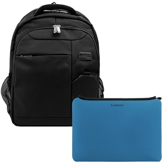 Germini Series Multi-Compartment Nylon Backpack With Padded Straps, Zippered Pockets And Colorful Neoprene Smart Sleeve for 15 Inch Laptops / Tablets Bundle(Black)(Blue)