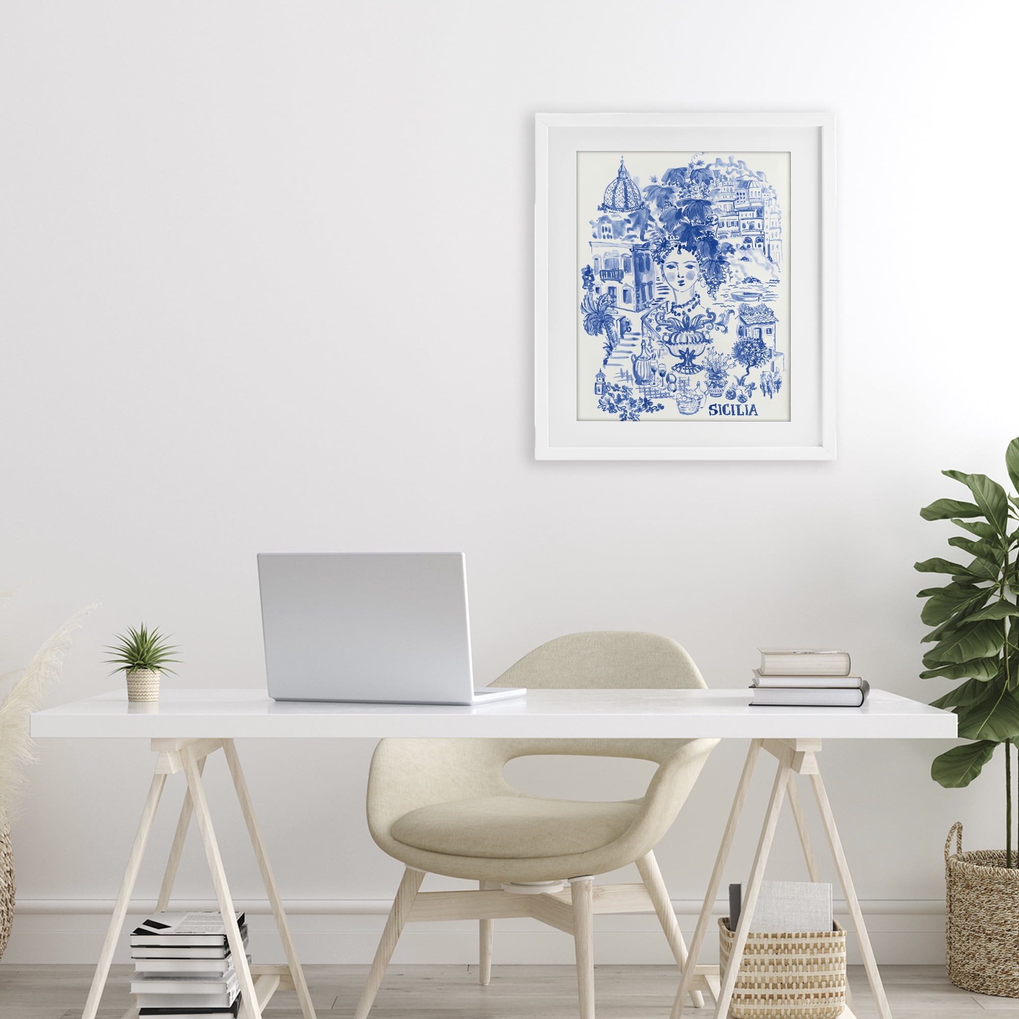 Stupell Industries Sicilia City In Blue White Framed Print Under Glass, design by Karolina Sato