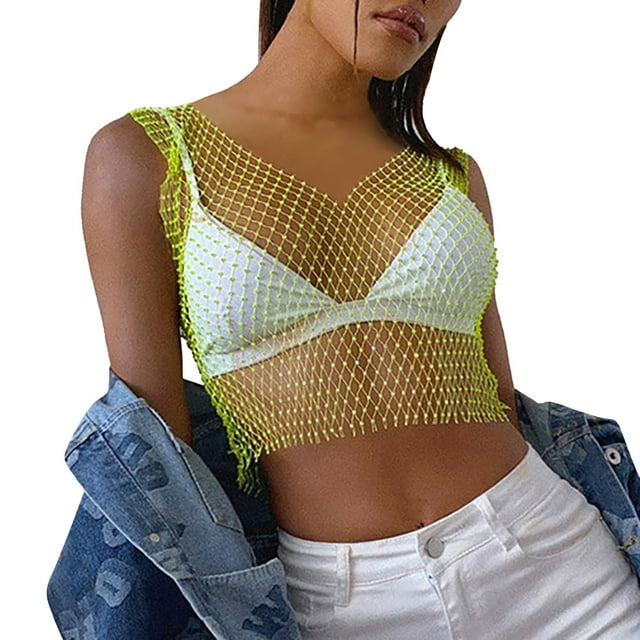JFHHQ Women's Mesh Rhinestone Crop Tank top Fashionable See Through Blouse for Outfits M Green