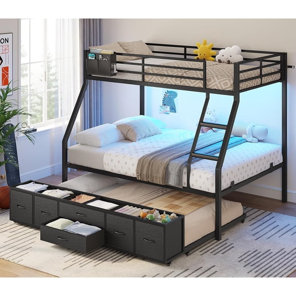 Twin Over Full Bunk Bed with Trundle, 6 Storage Drawers, LED Lights Twin Over Full Metal Bunk Beds for Small Room, Space-saving, Full-length Guardrail, Ladder, Black