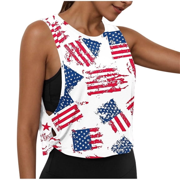 cocolona Patriotic Shirts for Women 4th of July Summer Sleeveless Crop Gym Yoga Workout Tank Tops
