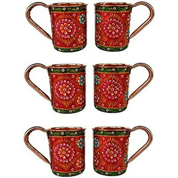 Rastogi Handicrafts Handmade Pure Copper Outer Hand Painted Art Work Wine, Vodka, Beer,Cocktail,Juice, Cold Coffee Straight Mug - Cup 16 oz Pack Of 6 Cup (RED)