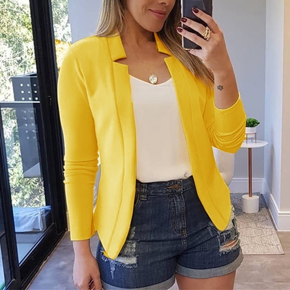 Yellow Solid Color Jackets, Acrylic Cardigan Coat, Women Fashion Casual Solid Long Sleeve Open Front Notched Collar Suit Cardigan Office Ladies Jacket Coat, XL