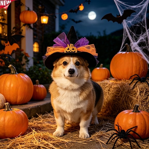 Qocolcyl Halloween Pumpkin Witch Hat for Small Dogs Cats, Soft Polyester Pet Costume Headband, Adjustable Cute Pet Photo Prop, Indoor Outdoor Holiday Trick Or Treat Halloween Decorations Accessories
