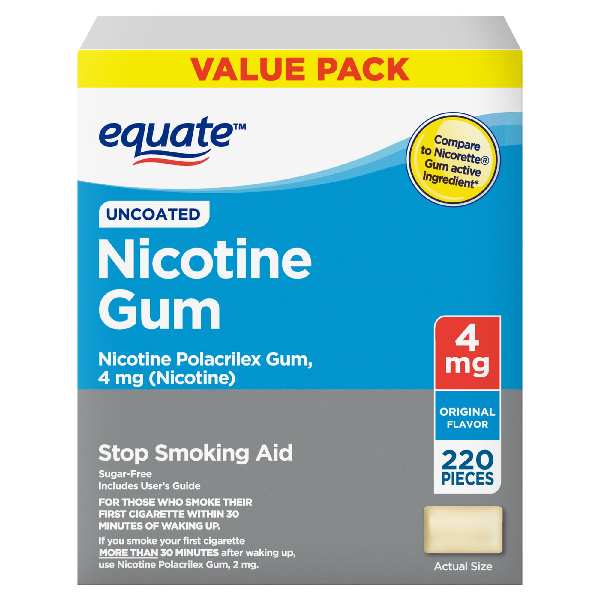 (3 pack) Equate Uncoated Nicotine Gum 4 mg, Original Flavor, 220 Count – Stop Smoking Aid