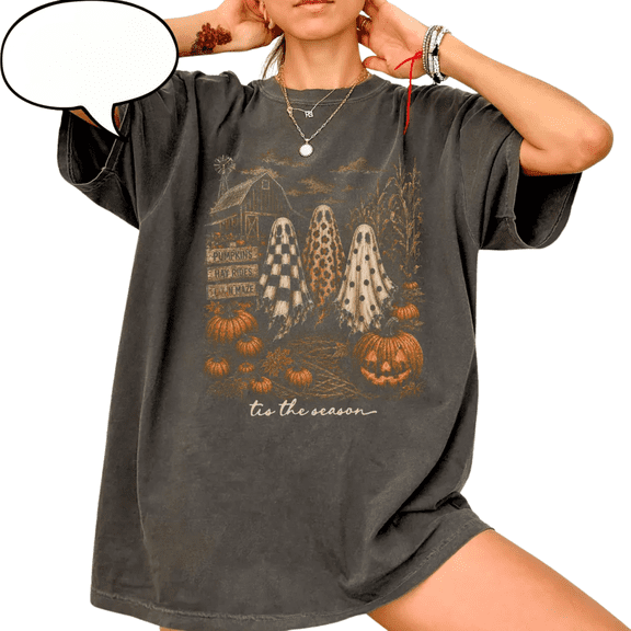 Tis the Season Halloween T-Shirt, Vintage Ghost Pumpkin Patch Graphic Tee, Fall Farmhouse Tshirt for Women, Spooky Autumn Outfit