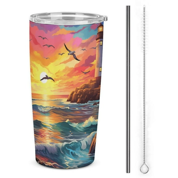 20oz Insulated Stainless Steel Tumbler,Ocean Lighthouse Double Wall Vacuum Travel Coffee Mug