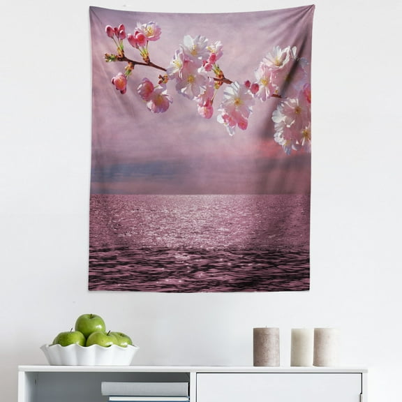 Japanese Tapestry, Floral Branch of Cherry Blossom on Abstract Pinkish Sea and Dramatic Sky, Fabric Wall Hanging Decor for Bedroom Living Room Dorm, 5 Sizes, Pink and Pale Pink, by Ambesonne