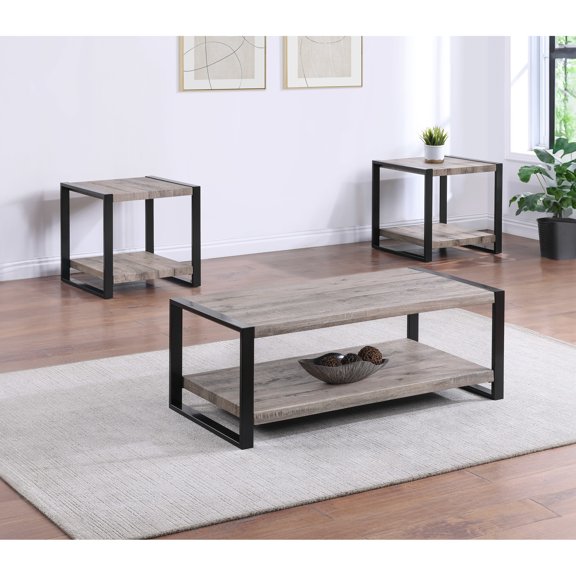 3pc Cocktail - Rectangular Coffee Table And 2 Square End Tables In Rustic Brown Black, Modern Wooden Furniture For Living Room , Contemporary Tables, Piece
