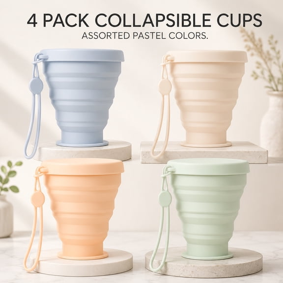 Silicone Collapsible Travel Cup, 4-Pack Foldable Camping Cups with Lids, Portable Reusable Drinking Cup for Camping, Hiking, Travel