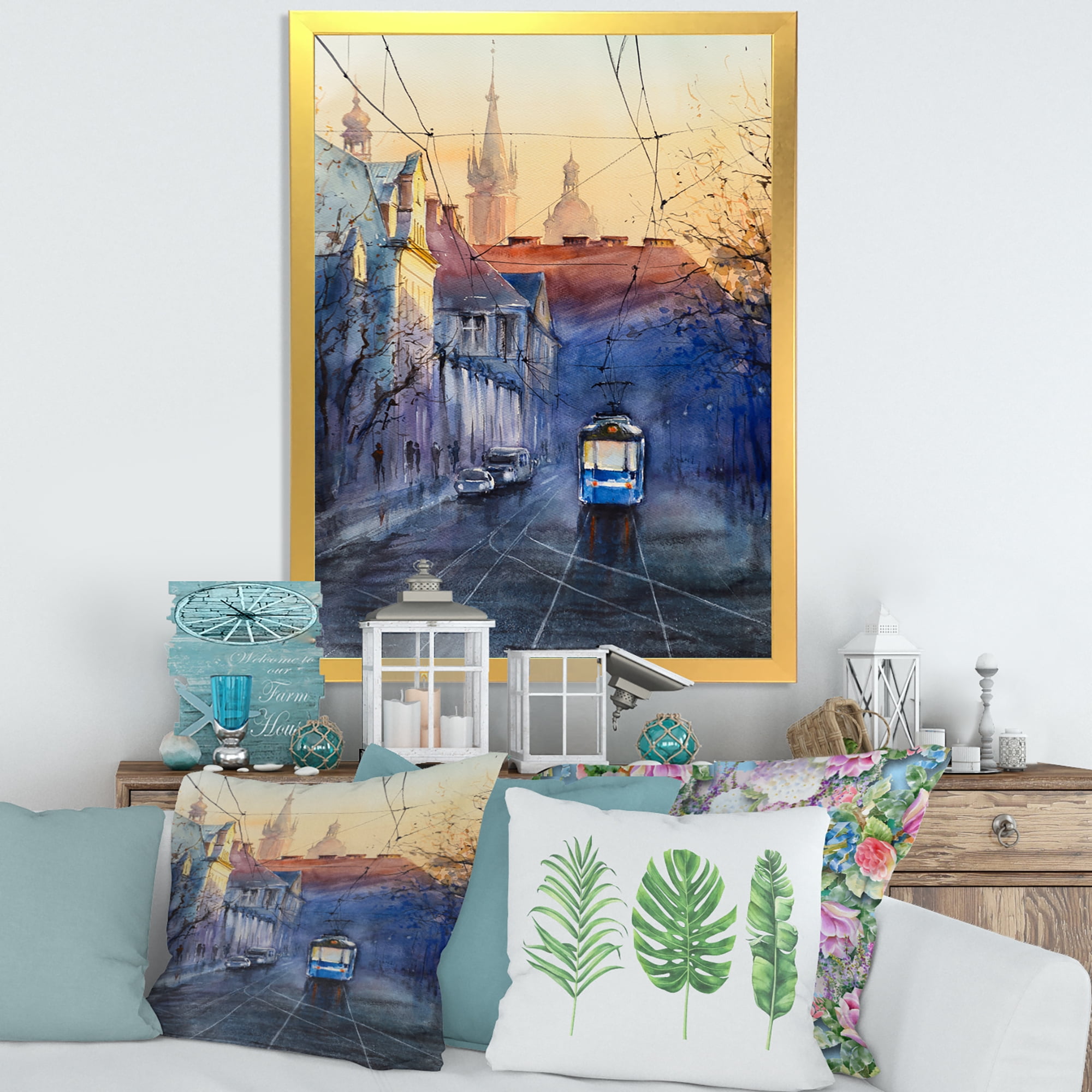 Blue Tram At Sunset With Church During Sunset Cityscape 24 in x 32 in Framed Painting Canvas Art Print, by Designart