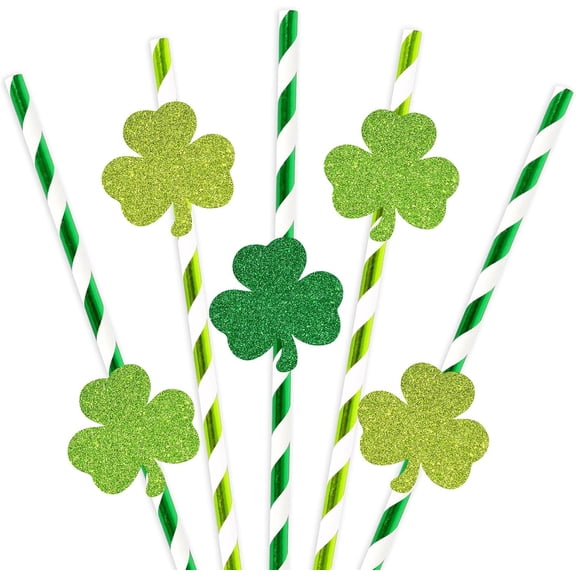 St. Patrick's Day Paper Straws 3 Colors Glitter Shamrock Drinking Straws Green Striped Disposable Straws for Irish Holiday Beverage Cocktail Birthday Party Supplies 12pcs