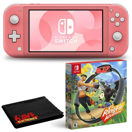 Nintendo Switch Lite (Coral) Bundle with RingFit Adventure + 6Ave Cleaning Kit