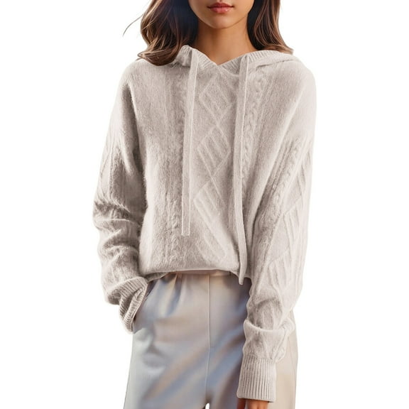 YueHuiYing Women Knitted Cardigan Fall Winter Loose Fit Sweater Coat Solid Color Thick Warm Drawstring Sweater