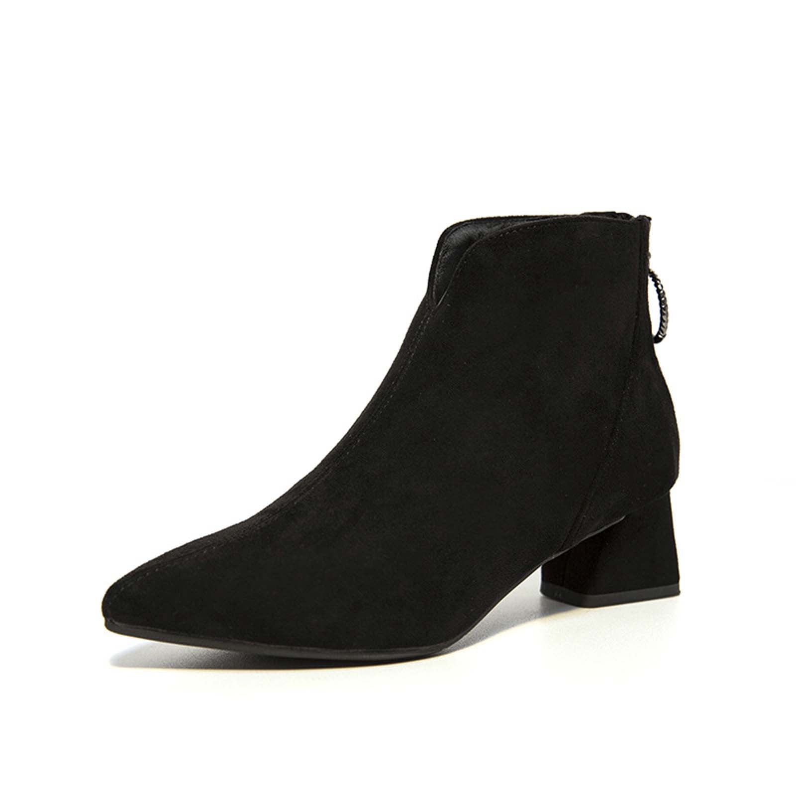Mother's Day AXXD Women's Chunky Zip Solid Color Pointy Toe Middle-Heels Boots Woman Fall Boots Clearance Black Size 35(US:4)