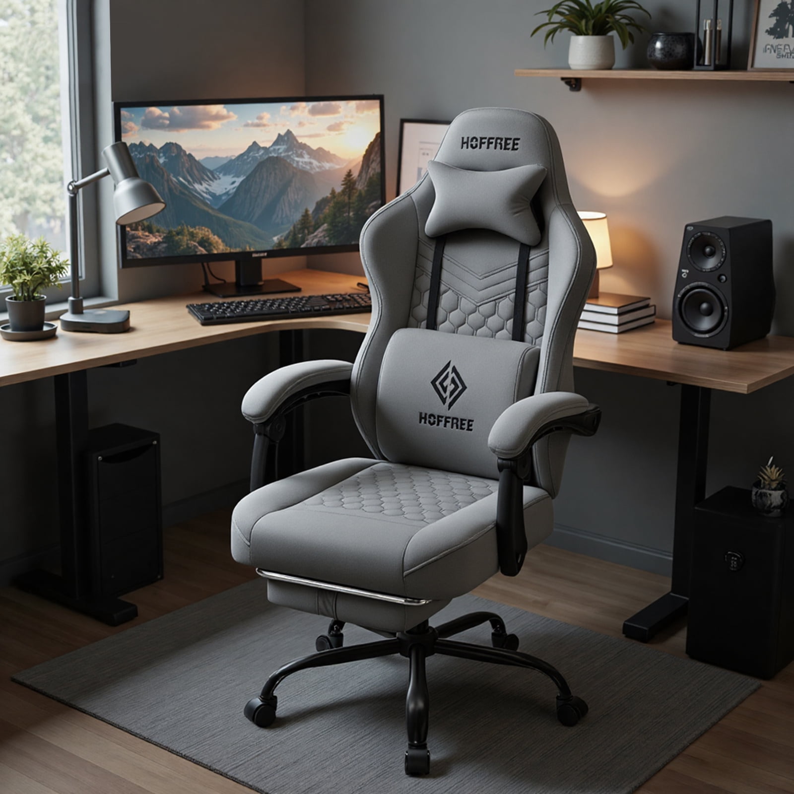 Hoffree Gaming Chair with Speakers and Massage Skin-friendly Gamer Chairs for Adults with Footrest Big and Tall Video Game Chair with Headrest and Lumbar Support for Office and Home Dark Grey