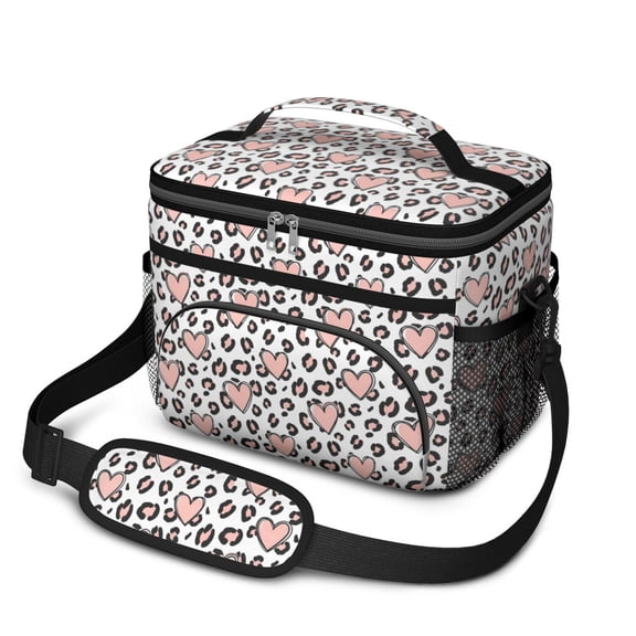 Pink and White Leopard Print Pattern Insulated Lunch Box for Women Men, Medium Leakproof Cooler Bag with Adjustable Strap, 10"x6.7"x8"