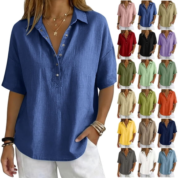 Tops for Women Button Down V Neck Half Sleeve Blouses Dressy Cotton Linen Shirts for Women Summer Plus Size Gauze Shirts 2026 Fashion