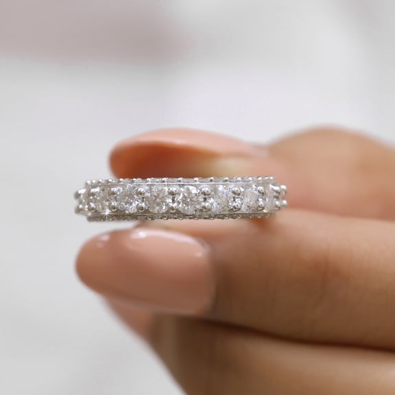 Jewelegant 3 MM Round Diamond Eternity Band - Moissanite Diamond Wedding Band Three Sided Pave Stackable Band Anniversary Ring Gift for Her