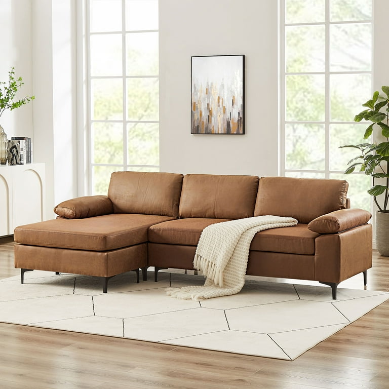 VANOMi 100in Mid Century Modern Reversible Faux Suede Sectional Sofa Brown