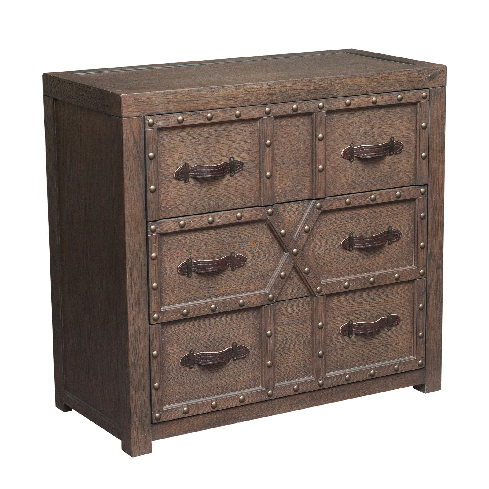 Traditional Styled Three Drawer Nail Head Accent Chest with Industrial Influence