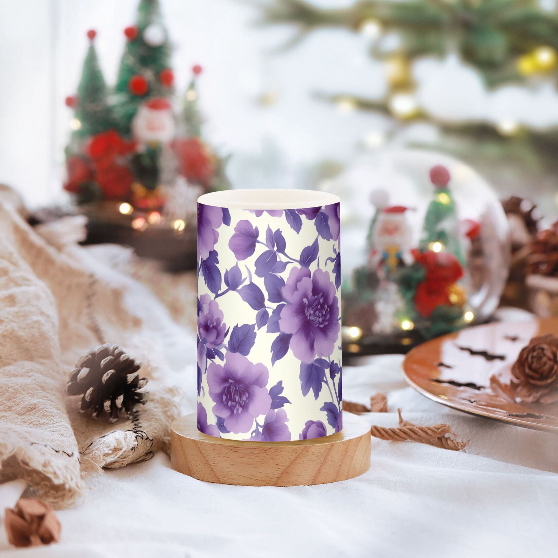 Purple Flowers and Leaves Flickering Flameless Candles Battery Operated with Remote Timer LED Pillar Candles Set of 2