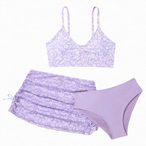 NIEWTR Girls Spring Summer Swimwear 3-Piece Swimsuit Set Swimsuit Skirt Outdoor Sun Protection Set(Purple,7-8 Years)
