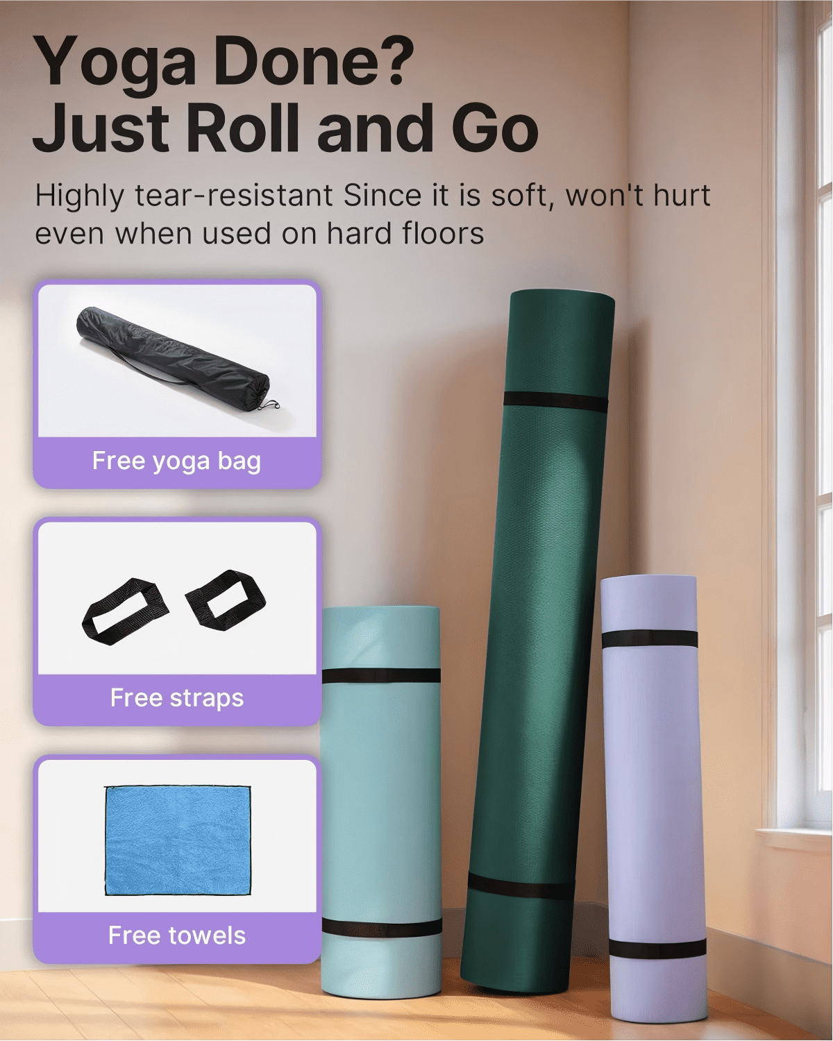 Large Yoga Mat (75 * 52 * 1/2inch),Extra Wide TPE Exercise Mat,Non-Slip Workout Mat for Pilates, Fitness, Barefoot, Home Gym Studio with Strap and Towel