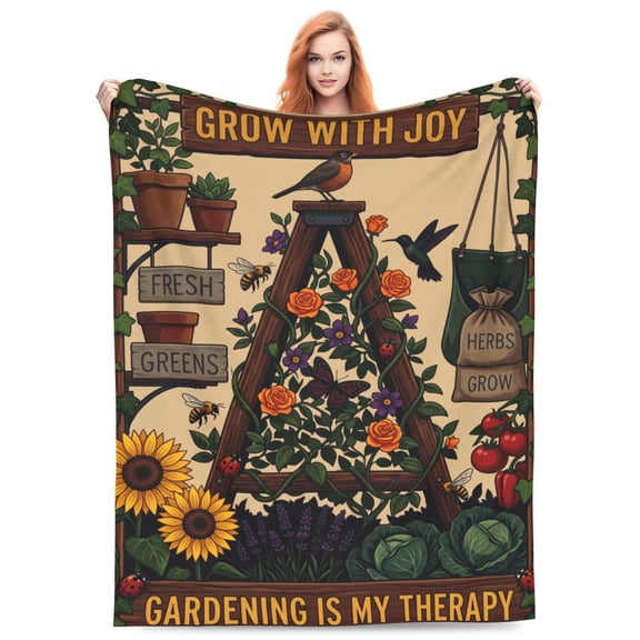 Floral Throw Blanket, Flannel Gardening Plant Initial Pattern Soft Warm Cozy All Season Blanket 50x40