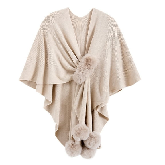 Fashion Cape Shawls for Women Faux Fur Pom Pashmina Wrap Large Scarves Open Front Poncho Cape Soft Cardigan Sweaters Beige One Size