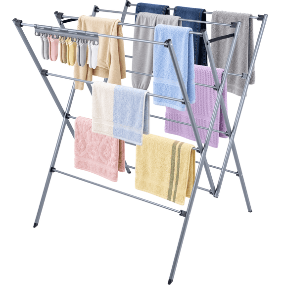 Fixdono Drying Rack Clothing, 12 Drying Poles with Sock Clips, Clothes Drying Rack Foldable, Rustproof, Silver