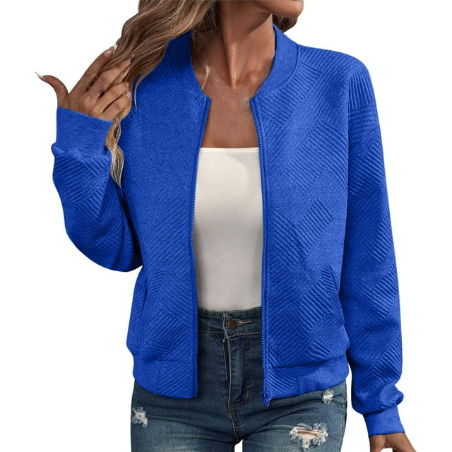 Women's Lightweight Full Zip Cropped Jacket, Spring Autumn Transition Long Sleeve Coat with Pockets, Soft Breathable Air Layer Fabric for Athletic Workout, Sport, and Casual Daily Wear BlueL