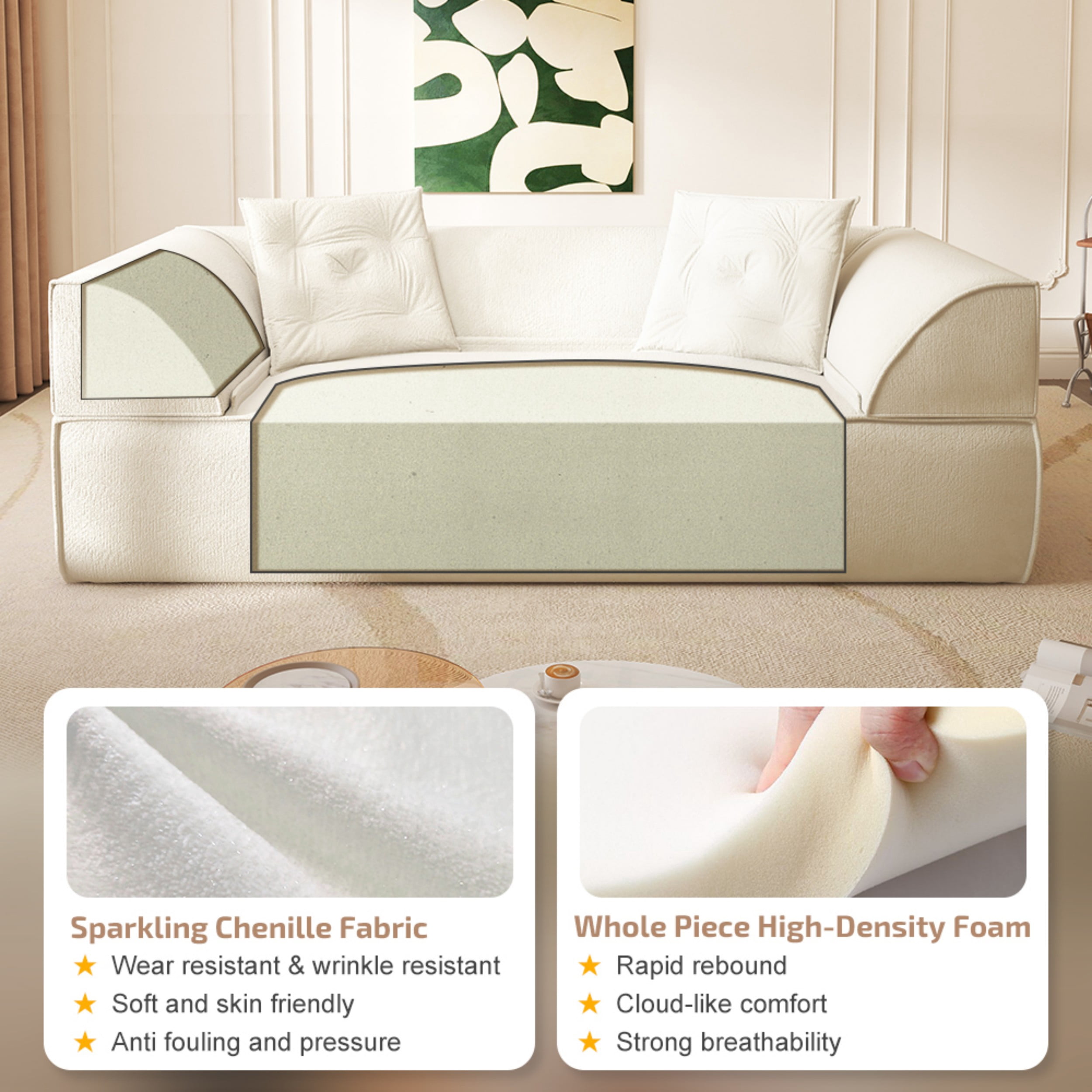LLappuil 80" Futon, 3 Seat Sofa Convertible Sofa Bed, Chenille Sofa Couch for Living Room Beige