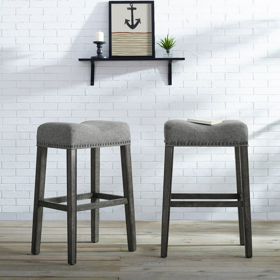 29"H 2-Piece Upholstered Bar Stools, Wood Gathering Height Stool with Backless Saddle Seat, Bar Stools Set for Kitchen