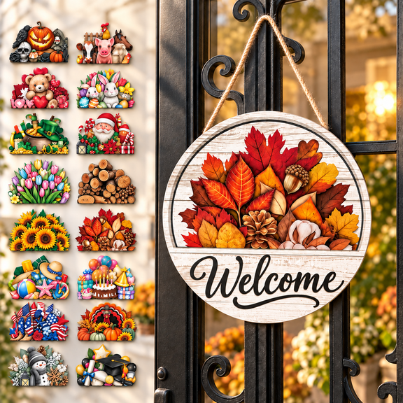 16 Pcs Interchangeable Welcome Sign for Front Door, 12 Inch Magnetic Wood Hanging Sign with 16 Changeable Icons, Rustic Farmhouse Wreath Decor for Holidays and Housewarming Gift