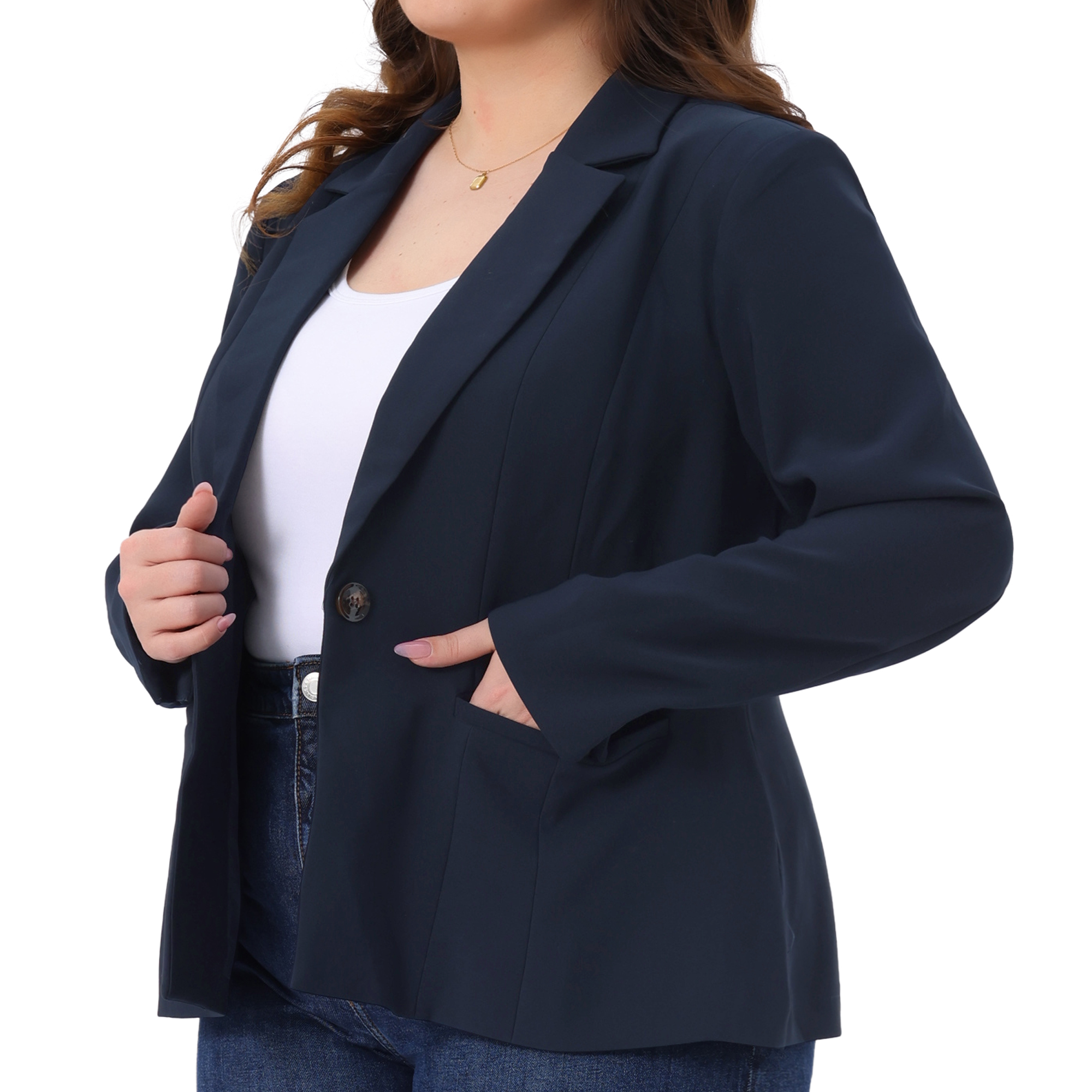 DARING DIVA Women's Plus Notched Lapel Long Sleeve Notched Lapel Business Blazer 4X Navy Blue