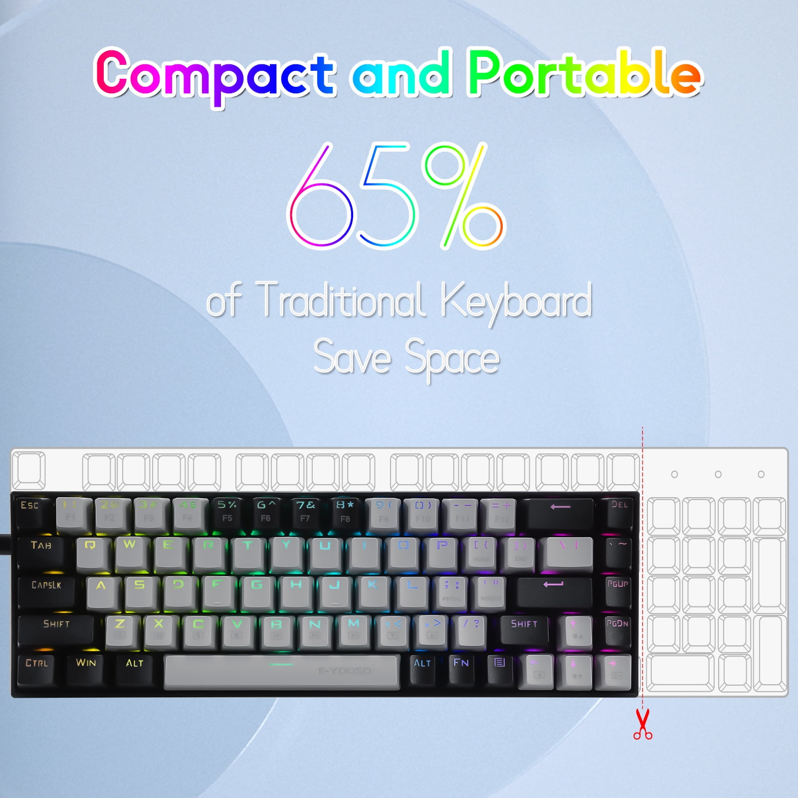 65% RGB Gaming Keyboard, E-YOOSO Z-686 Wired 68 Keys Mechanical Keyboard, Linear Red Switches, Pro Software Supported, Detachable Cable, Separate Arrow Keys - Grey/Black