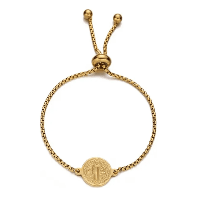 Pulsera Ajustable Con Medalla San Benito Para Hombre Mujer 26 Cm Xtellar Dorado