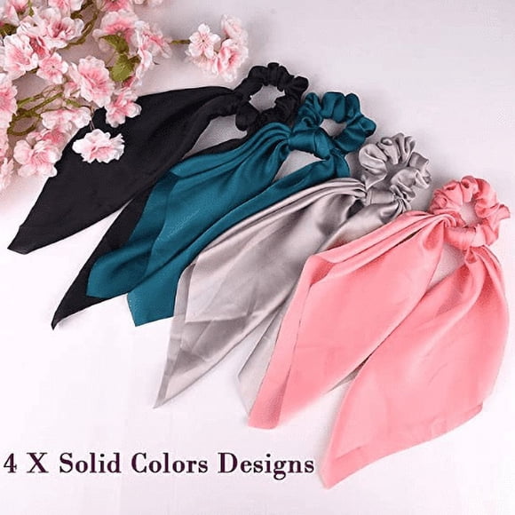 NOGIS 4 Pcs Foulards à Cheveux Chouchous Chiffon Chouchous Bandeaux Porte-Queue de Cheval Chouchous Attaches 2 en 1 Accessoires Vintage pour Femmes & Filles