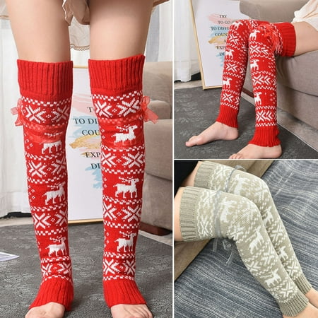 

D-GROEE 1 Pair Leg Warmers Thigh High Christmas Elements Knitted Stretchy Thickened Keep Warm Comfortable Autumn Winter Women Boot Stockings for Daily Life