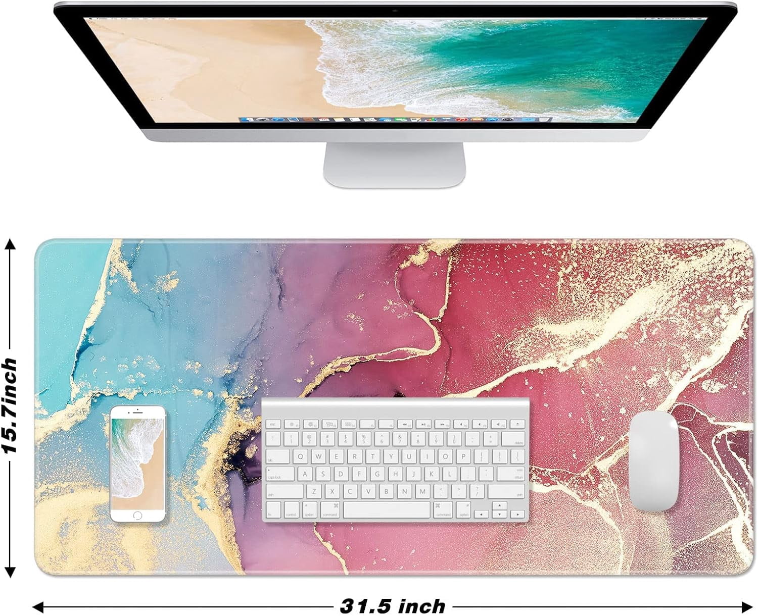 Extended Large Mouse Pad, XXL Gaming Desk Pad 31.5 x 15.7 Inch, Big Computer Keyboard Mousepad, Waterproof Mouse Mat with Stitched Edges and Non-Slip Base for Office Gaming, Colorful Marble