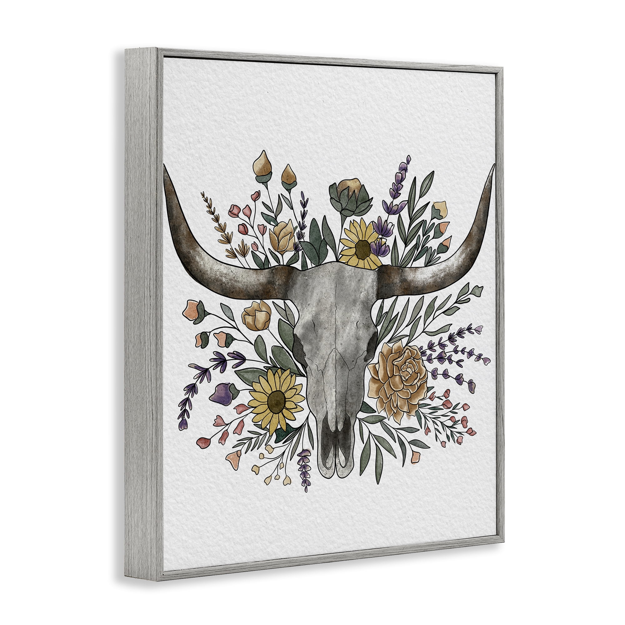 Stupell Industries Boho Wildflower Longhorn Gray Framed Giclee Art, design by Alisha Kiara Design