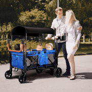 4-Kids Collapsible Baby Wagon Stroller, Removable Canopy Kids Wagon with 5-Point Harnesses, Storage Bag, Snack Tray, and Cup Holder for Infants and Toddlers