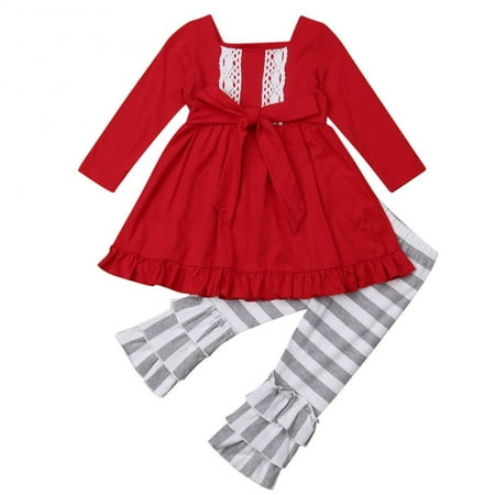 Flare Set - Little Girls Ruffle Flare Tunic Dress Top Striped Leggings Pants Outfit Set Red 5T