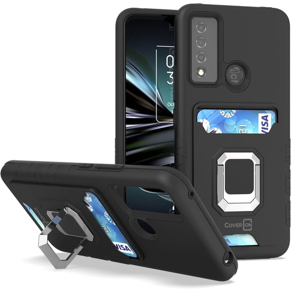 CoverON For TCL 20 XE Phone Case, KickStand Ring Credit Card slot Rugged Cover Magnetic holder, Black