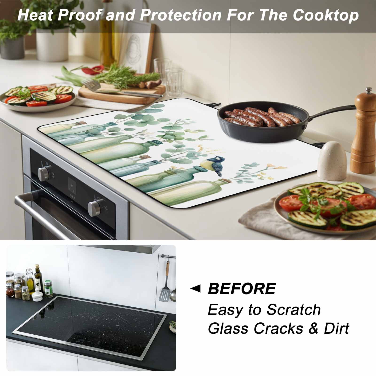 Teal Eucalyptus Leaves Stove Top Cover for Electric Stove, Heat-proof & Non Slip Glass Top Stove Cover Protector, Botanical Vase Birds Kitchen Flat Cooktop Rubber Mat 24x21 Inches